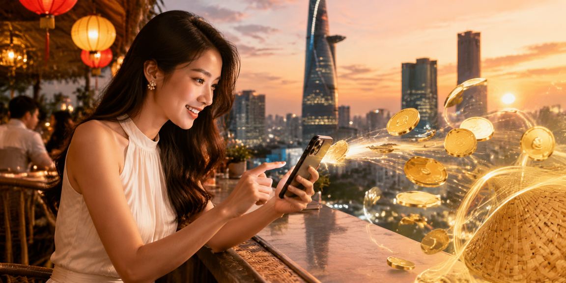 Phụ nữ Sài Gòn đội nón lá nhận cashback xổ số tại chợ thành phố