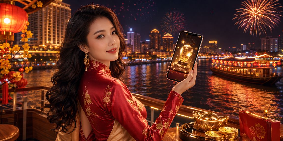 Người phụ nữ Mekong xem kết quả xổ số trên điện thoại với trang phục áo dài
